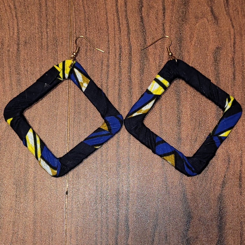 Blue, black, and yellow square earrings